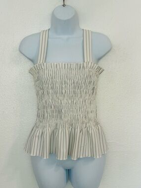 Alpha & Omega Black & White Vertical Stripe Smocked Peplum Tank Top Sz.M